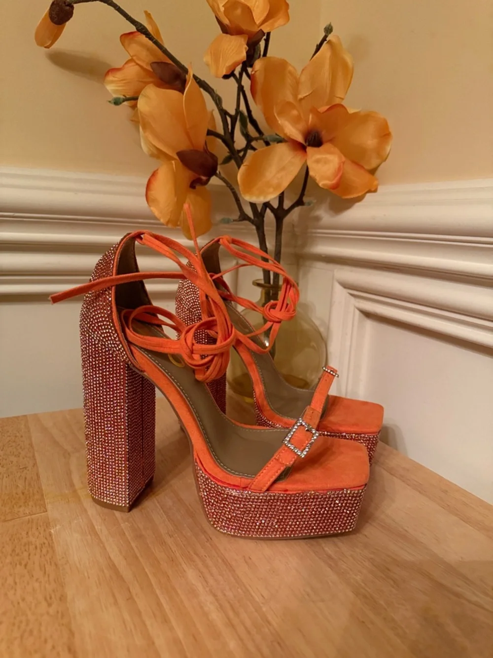 EGO Orange Rhinestone Platform Block Heels with Ankle Tie Uk 4 /‎ US 6